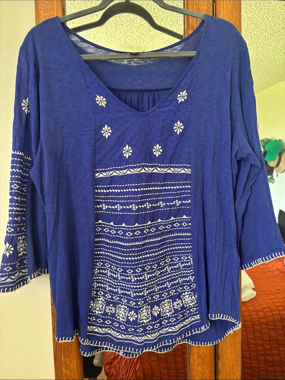 Lucky Brand XL Cobalt Blue Embroidered Boho V-Neck Top